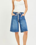 Side Pintuck Drawstring Jorts - Medium Wash