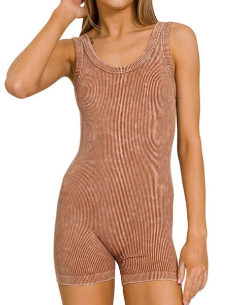 Washed Ribbed Seamless Romper - Camel