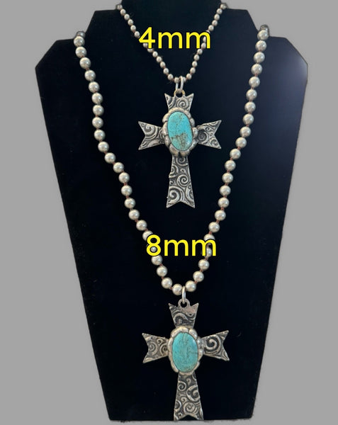Turquoise Cross on Silver Bead Necklace