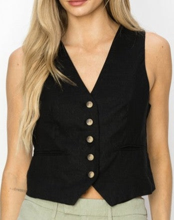 BLACK Linen Button Vest