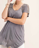 Vintage Wash Top w/ Crochet Detail - Ash