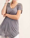 Vintage Wash Top w/ Crochet Detail - Ash