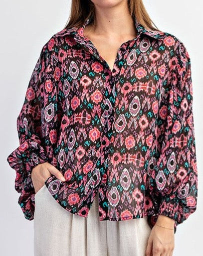Black Print Smocked Cuff Blouse