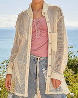 Button Down Crochet Shacket in Beige
