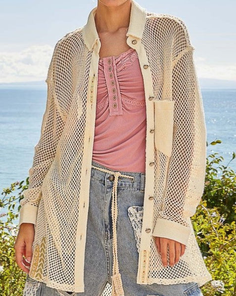 Button Down Crochet Shacket in Beige