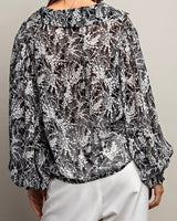 Black Print Smocked Cuff Blouse