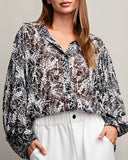 Black Print Smocked Cuff Blouse