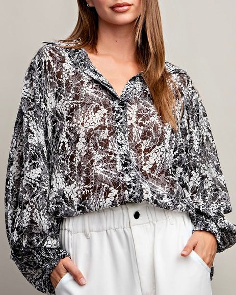 Black Print Smocked Cuff Blouse