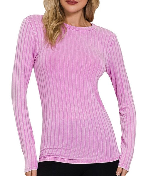 Washed Ribbed Long Sleeve Top