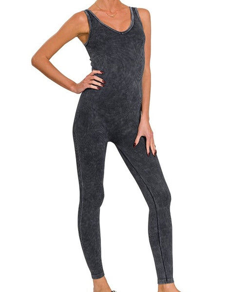 Washed Seamless Ribbed Unitard - BLACK
