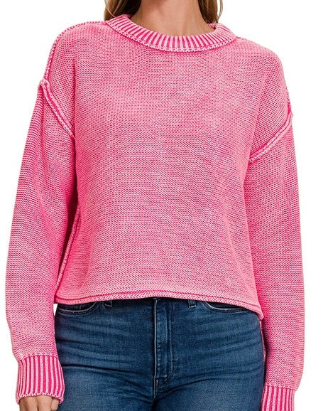 Washed Exposed Seam Sweater - PINK