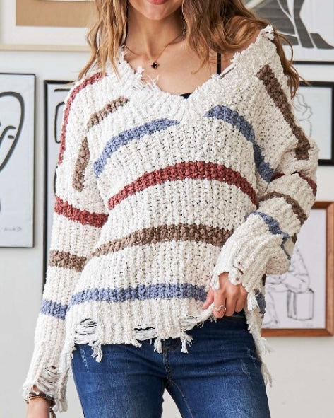 V-Neck Striped Sweater - Cream Multi