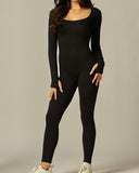 Long Sleeve Seamless Ribbed Unitard - BLACK